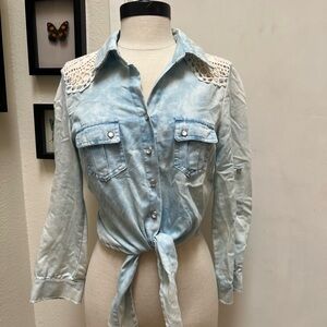 Windsor Light Blue Tie-Front Denim Shirt with Lace Yoke